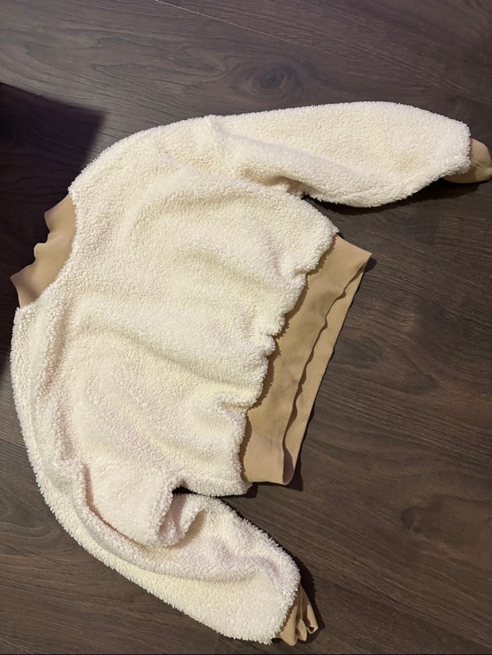 Fabletics Cream Sherpa Crop Pullover with Tan Ribbed Collar